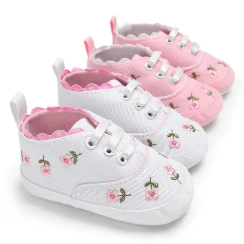 Baby Infant Girl Soft Sole Crib Toddler Canvas Cute Flower Sneaker Shoes