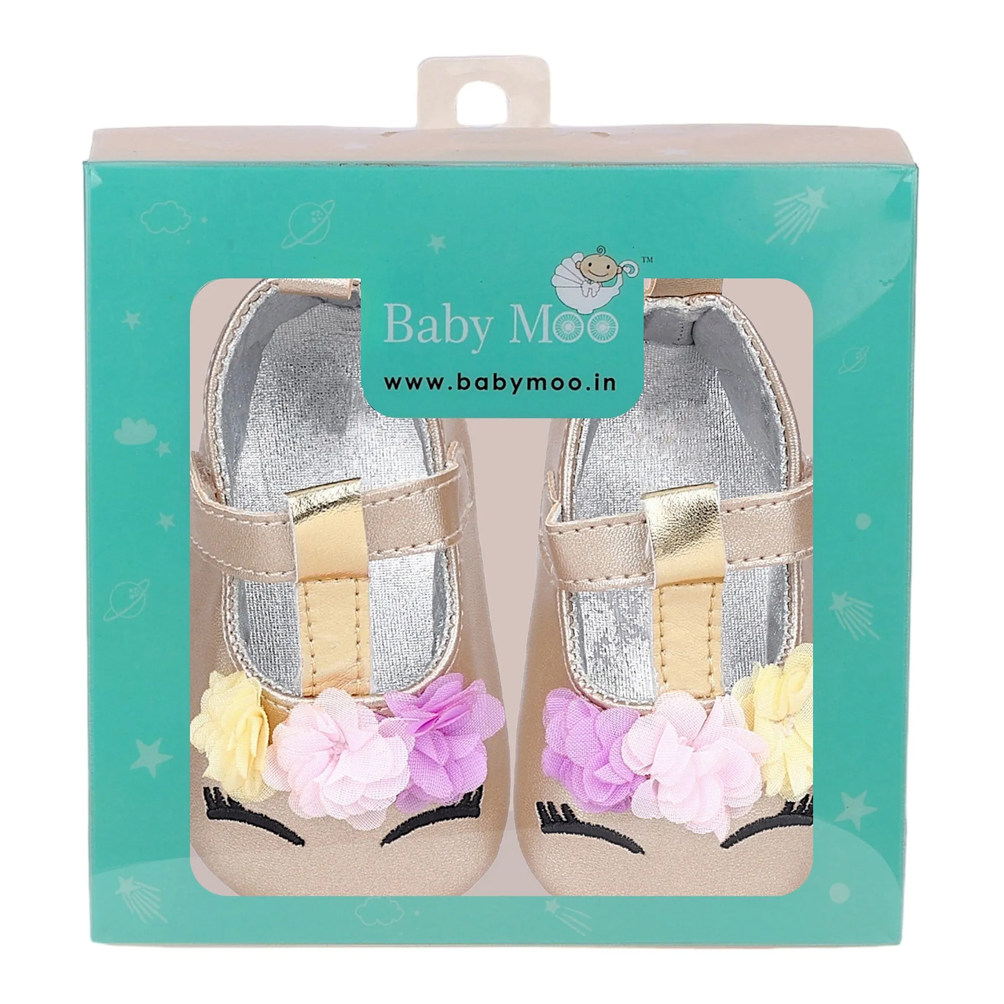 Baby Moo Cute Princess Metallic T-Strap Anti-Skid Ballerina Booties - Gold