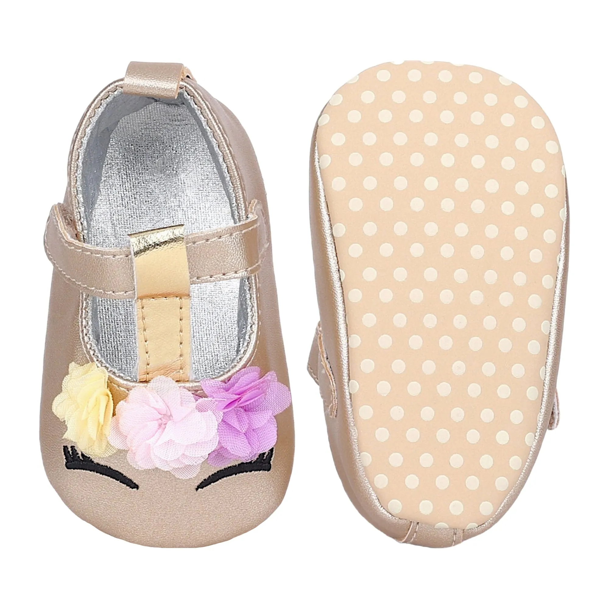 Baby Moo Cute Princess Metallic T-Strap Anti-Skid Ballerina Booties - Gold