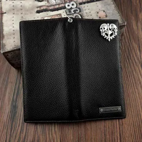 Badass Black Leather Men's Punk Long Biker Chain Wallet Skull Bifold Chain Long Wallet For Men