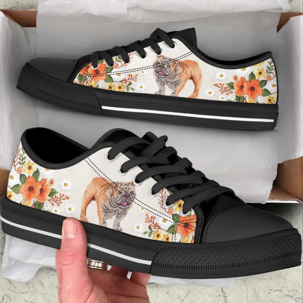 Bulldog Embroidery Floral Low Top Shoes Canvas Sneakers Casual Shoes, Dog Printed Shoes, Canvas Shoes For Men, Women