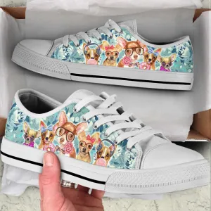 Chihuahua Dog Flowers Pattern Turquoise Low Top Shoes Canvas Sneakers, Dog Printed Shoes, Canvas Shoes For Men, Women