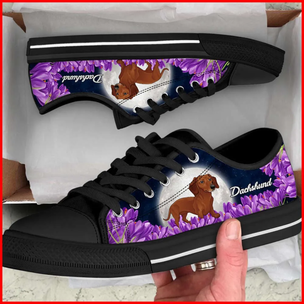 Dachshund Purple Flower Low Top Shoes Canvas Sneakers Casual Shoes, Dog Printed Shoes, Canvas Shoes For Men, Women