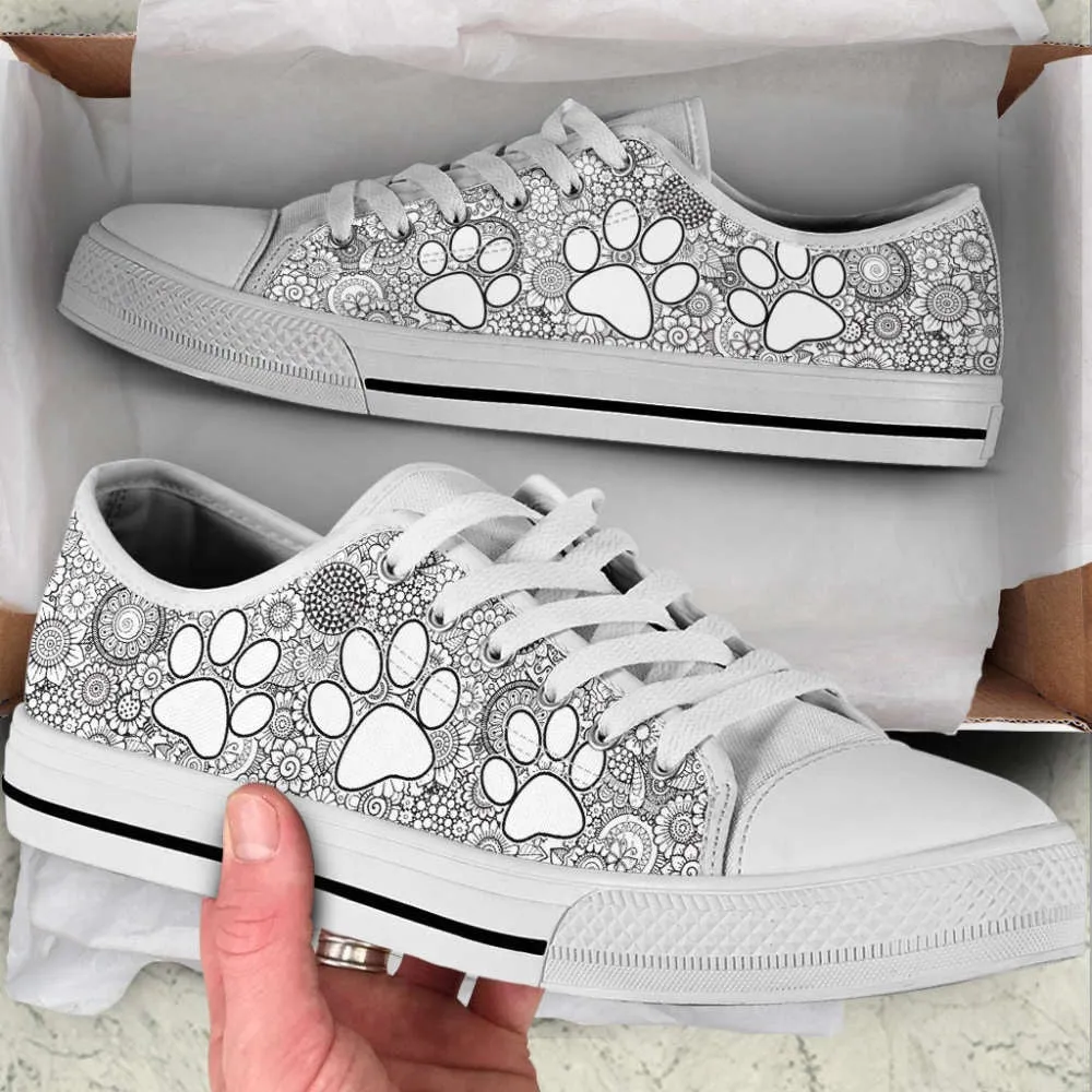 Dog Paw Print Grey Floral Low Top Shoes Canvas Sneakers Casual Shoes, Dog Printed Shoes, Canvas Shoes For Men, Women