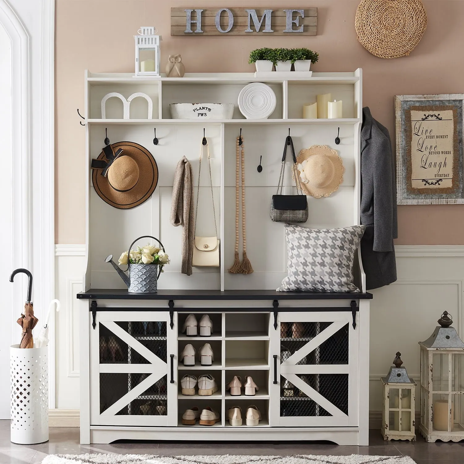 essential Farmhouse Hall Tree with Bench and 20 Shoe Storage, Entryway Bench with Sliding Barn Door, and 12 Coat Hooks, White