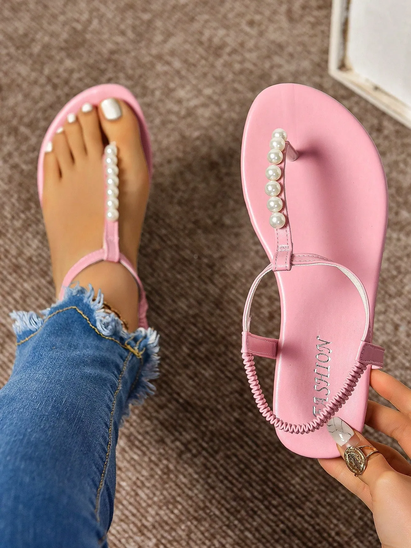 Fashionable Pearl and Rhinestone Roman Sandals