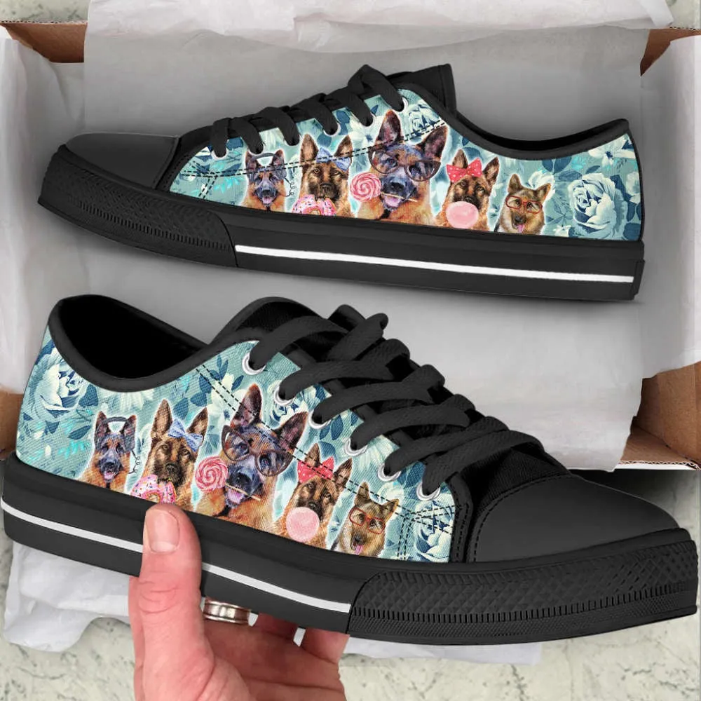 German Shepherd Dog Flowers Pattern Low Top Shoes Canvas Sneakers, Dog Printed Shoes, Canvas Shoes For Men, Women