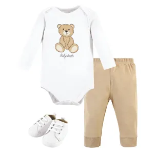 Hudson Baby Cotton Bodysuit, Pant and Shoe Set, Teddy Bears Long Sleeve