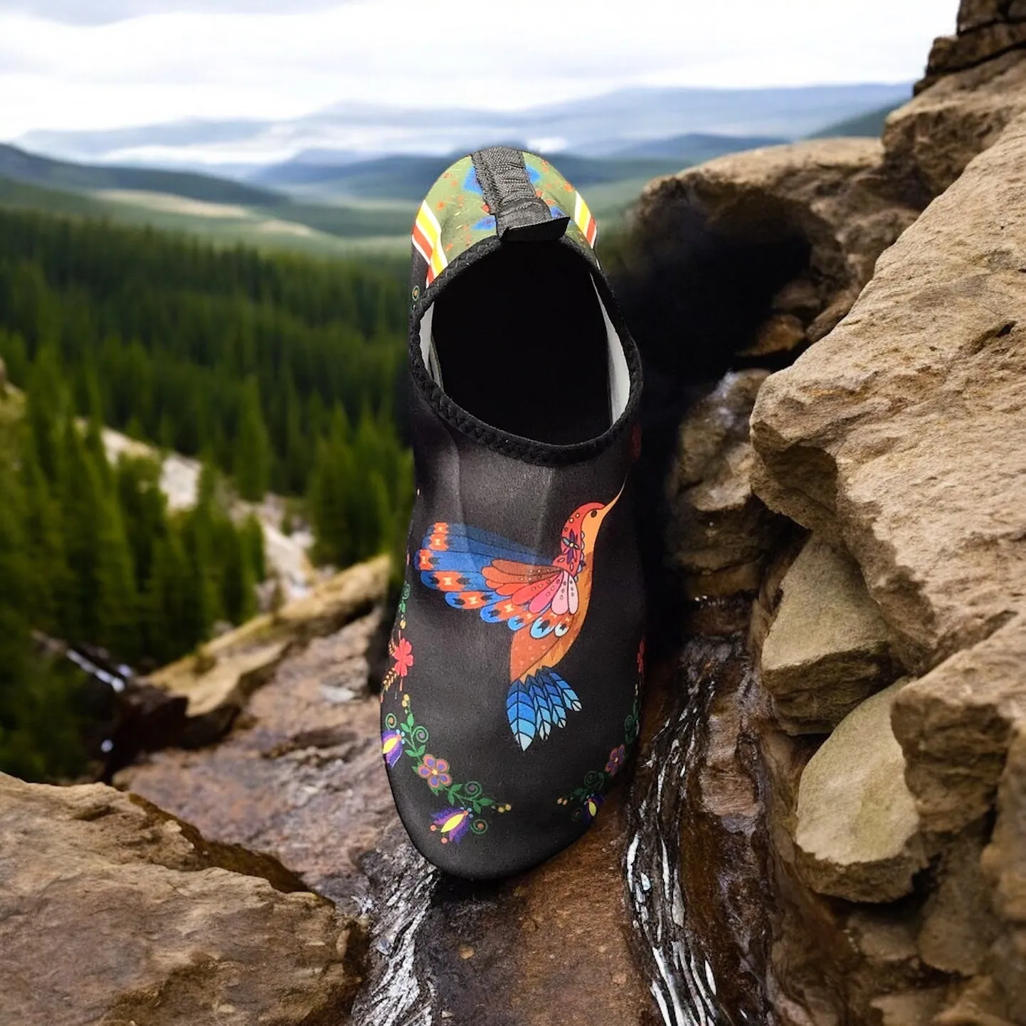 Hummingbird Black Native American Aqua Shoes