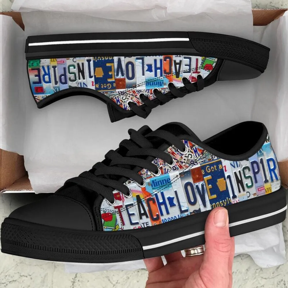 Kindergarten Team License Plates Low Top Black Shoes, Teacher Shoes, Low Top Sneakers