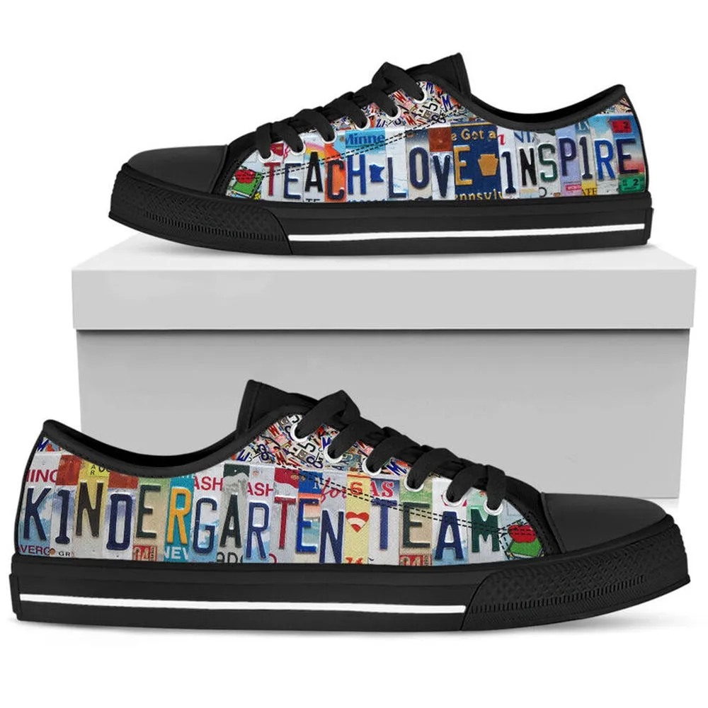 Kindergarten Team License Plates Low Top Black Shoes, Teacher Shoes, Low Top Sneakers