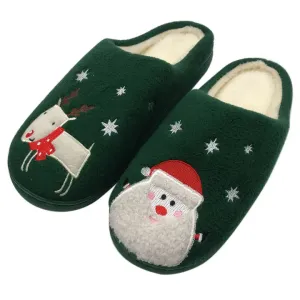 Ladies Green Plush Slippers with Santa & Reindeer - Size Large