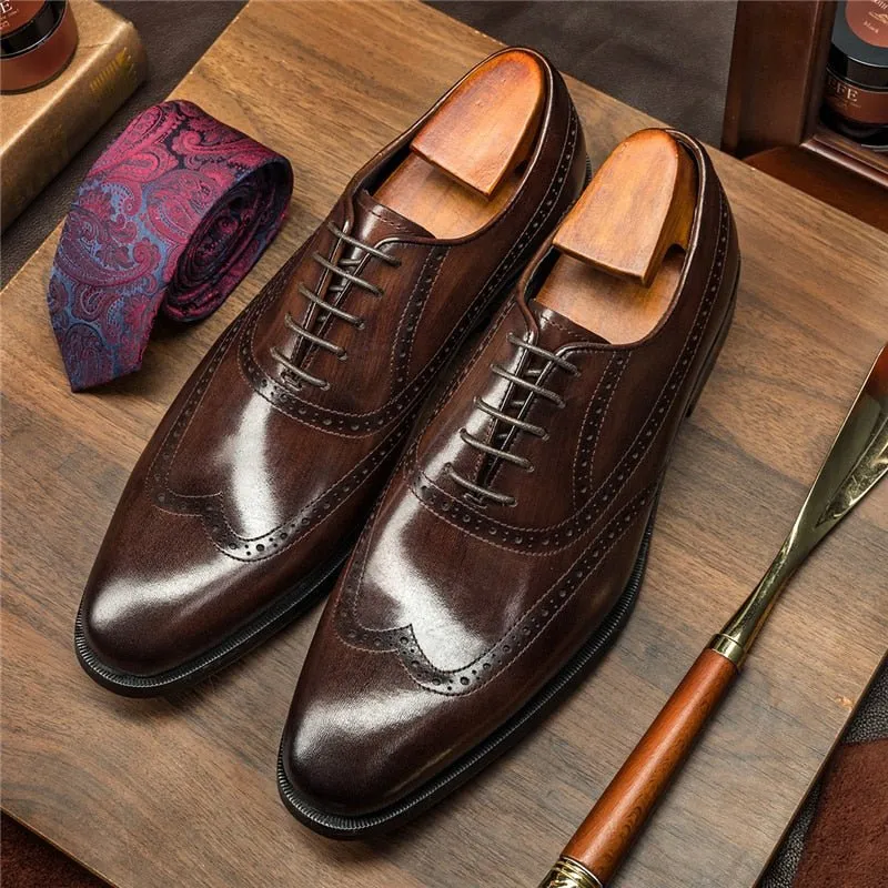 LuxeExo Cow Leather Brogue Lace-Up Dress Shoes