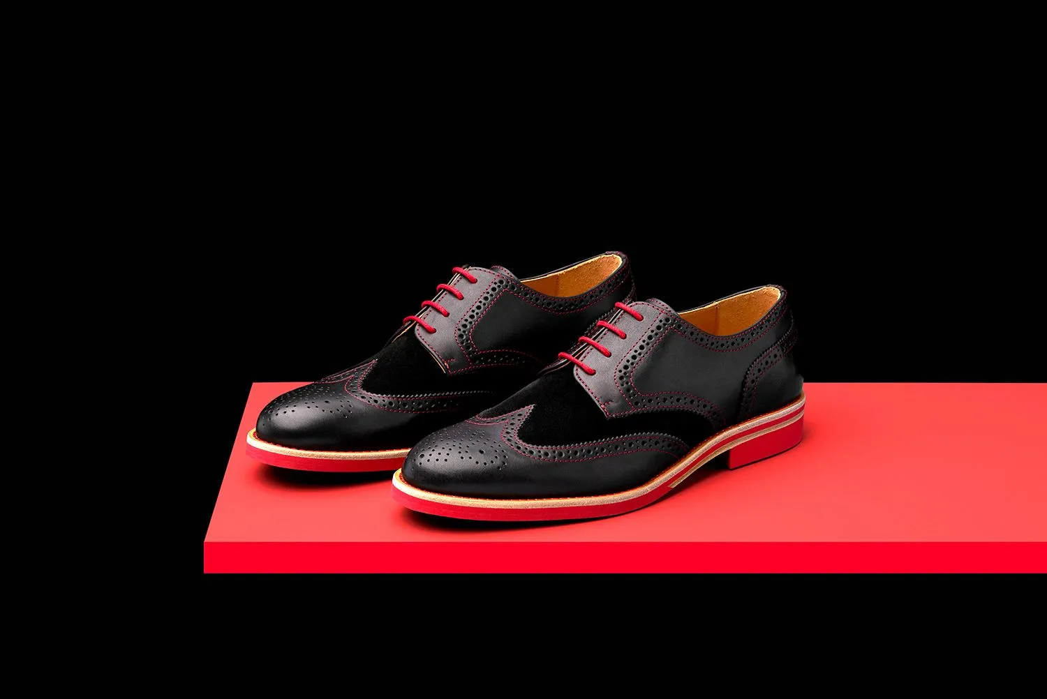 Mens Black & Red Leather Wingtip Dress Shoes