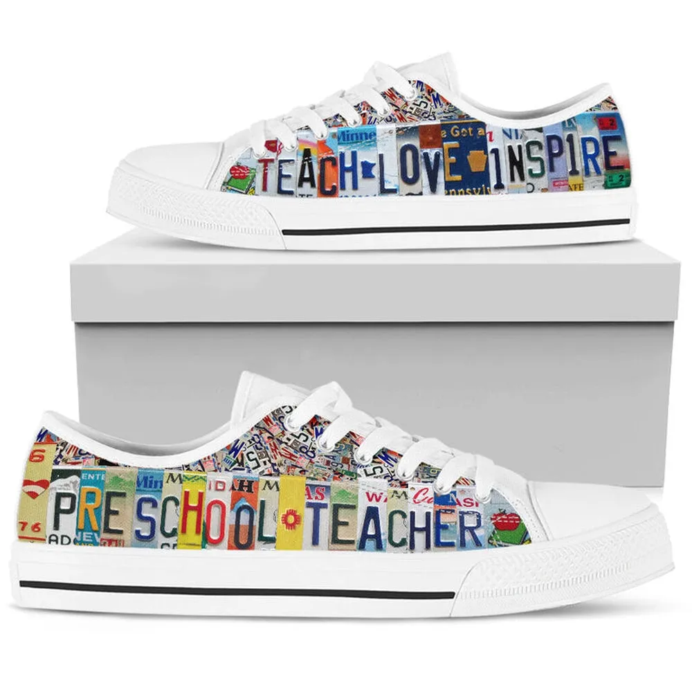 Preschool Teacher Inspire License Plates Low Top Shoes, Teacher Shoes, Low Top Sneakers