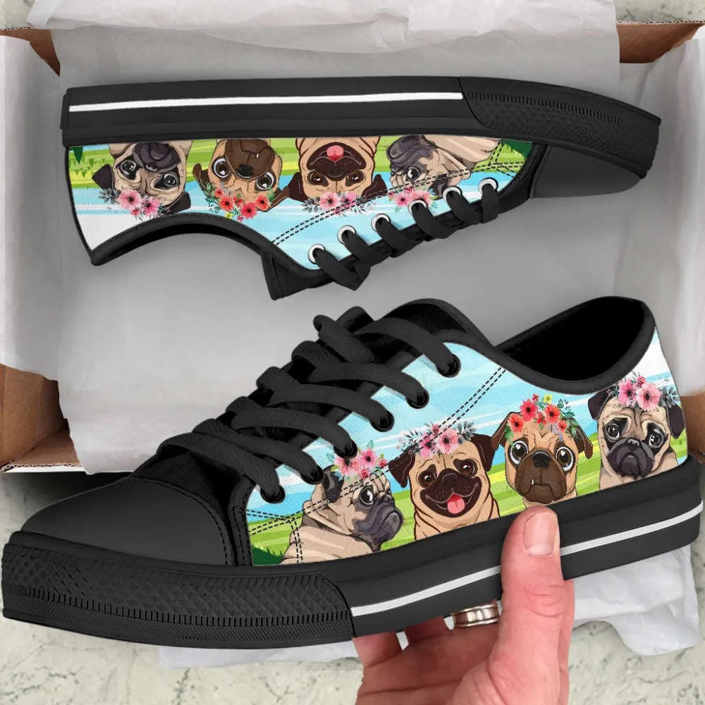 Pug Dog Floral Wreath Low Top Shoes Canvas Sneakers Casual Shoes, Dog Printed Shoes, Canvas Shoes For Men, Women