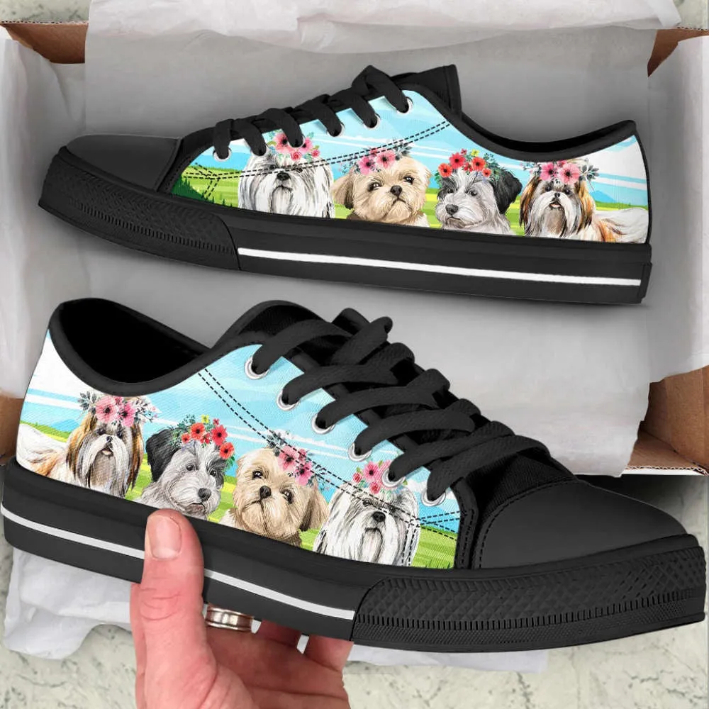 Shih Tzu Floral Wreath Low Top Shoes Canvas Sneakers Casual Shoes, Dog Printed Shoes, Canvas Shoes For Men, Women