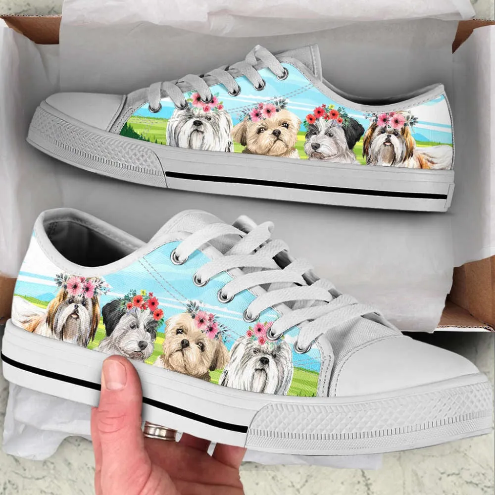 Shih Tzu Floral Wreath Low Top Shoes Canvas Sneakers Casual Shoes, Dog Printed Shoes, Canvas Shoes For Men, Women