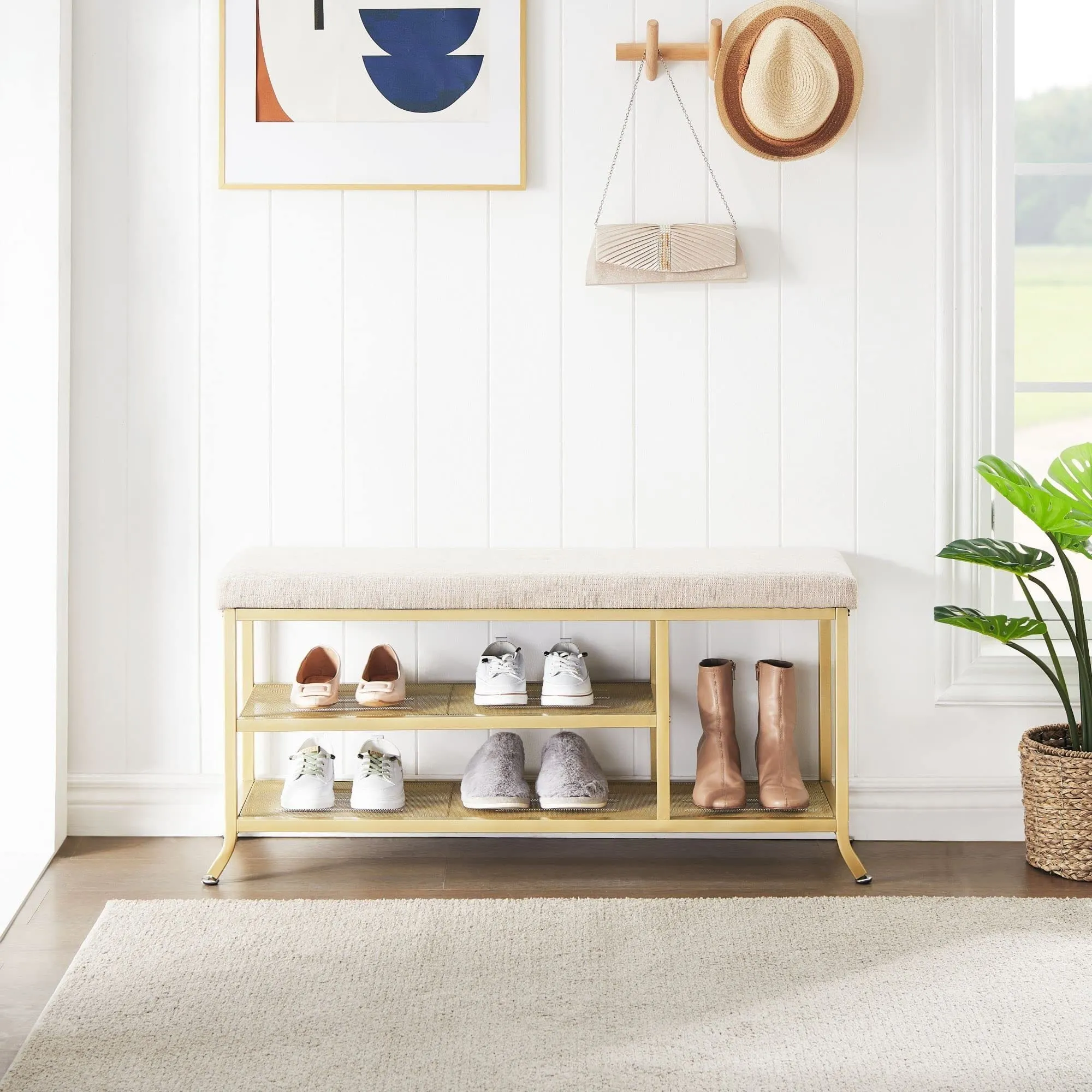 timeless Stylish Shoe Storage Bench with Upholstered Seat & Open Shelf - Gold Metal Frame for Home Entryway