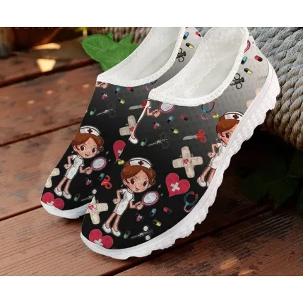 Women 3D Nurse Cartoon Print Flat Shoes