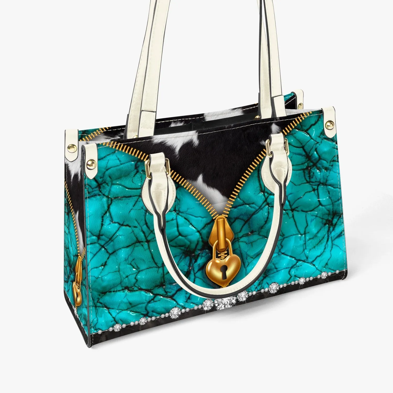 Women's Tote Bag - Long Strap - Turquoise, Zipper Cow Hide Look