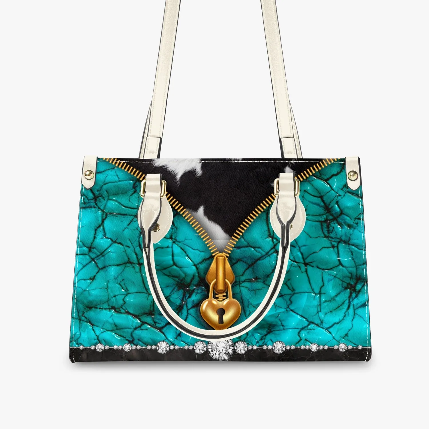 Women's Tote Bag - Long Strap - Turquoise, Zipper Cow Hide Look