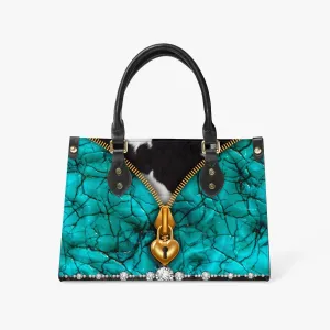 Women's Tote Bag - Long Strap - Turquoise, Zipper Cow Hide Look